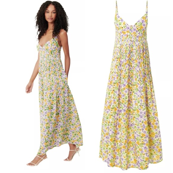 Nicholas Susan Pleated Floral Print A-Line Sleeveless Linen Maxi Cocktail Dress - Picture 9 of 15